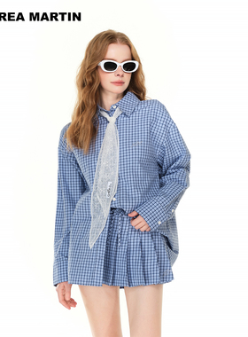 【宋雨琦 严浩翔同款】ANDREA MARTIN秋蓝色格子衬衫半裙套装女