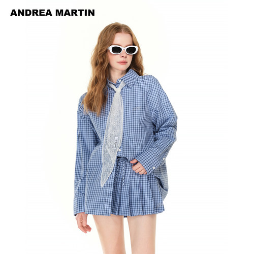 【宋雨琦 严浩翔同款】ANDREA MARTIN秋蓝色格子衬衫半裙套装女