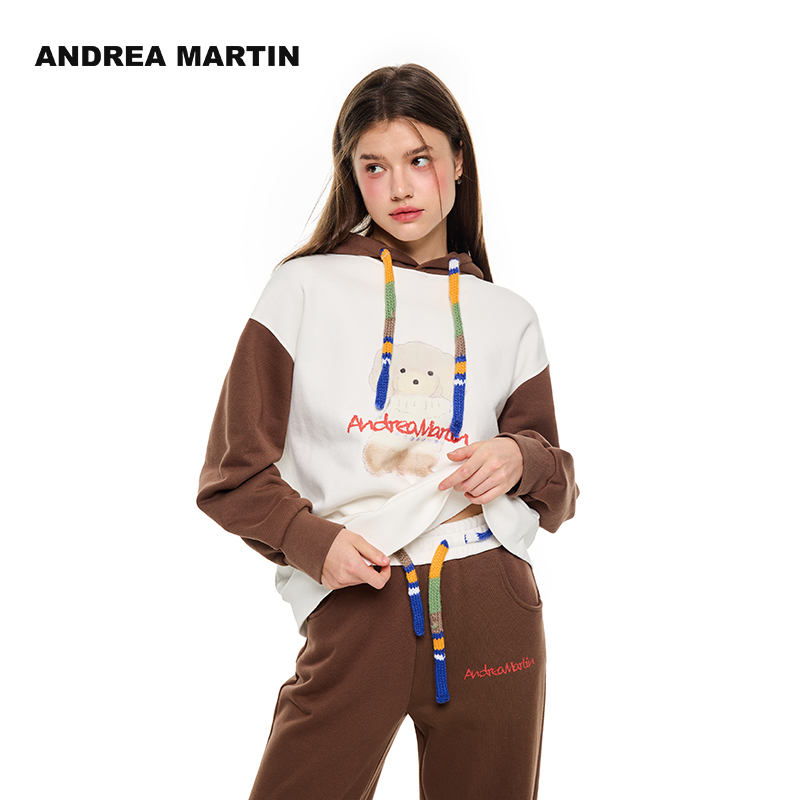 棕白撞色小狗印花撞色卫衣