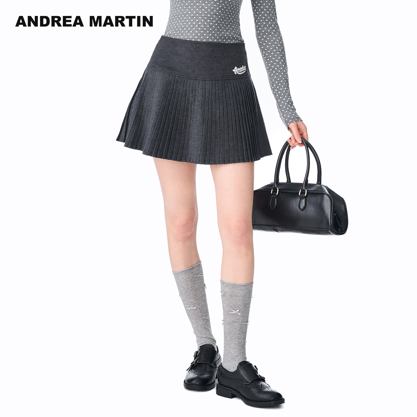 ANDREA MARTIN2025秋冬新款学院风刺绣针织百褶A字女短裙百搭休闲