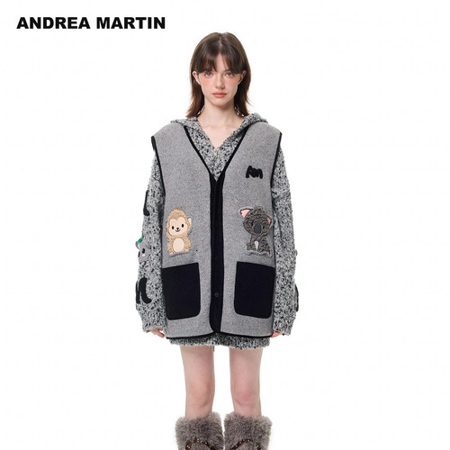 ANDREA MARTIN秋冬新款复古V领无袖简约针织马甲拼接撞色背心