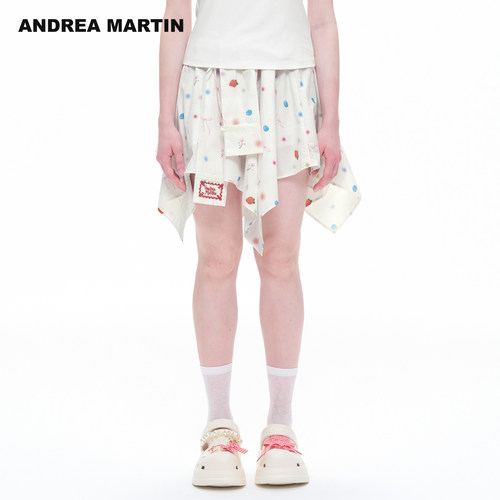 ANDREA MARTIN2026夏季新款不规则高腰彩色印花A字女短半身腰裙