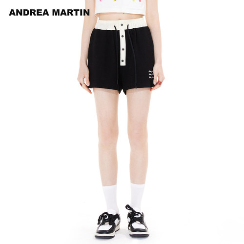 ANDREA MARTIN2026夏季新款撞色拼接抽绳字母简约女休闲运动短裤