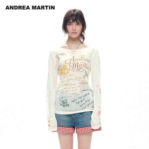 【徐艺洋同款】ANDREA MARTIN2026夏季新款印花宽松休闲薄长袖T恤