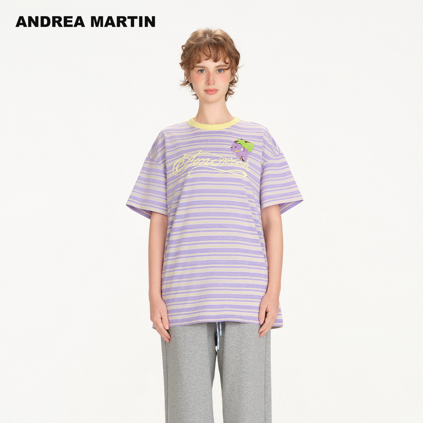 ANDREA MARTIN2026夏季新款紫色条纹钩织葡萄小狗女短袖休闲T恤