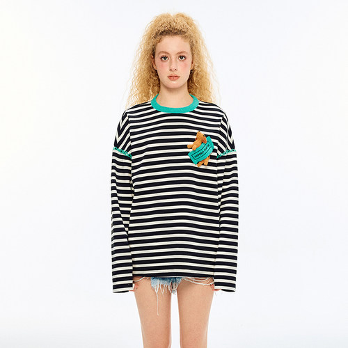 AndreaMartin条纹落肩撞色T恤女