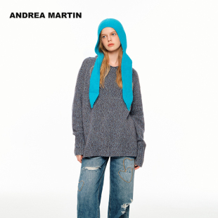 羊毛翻领套头毛衣中性风男女毛针织衫 ANDREA MARTIN冬新款