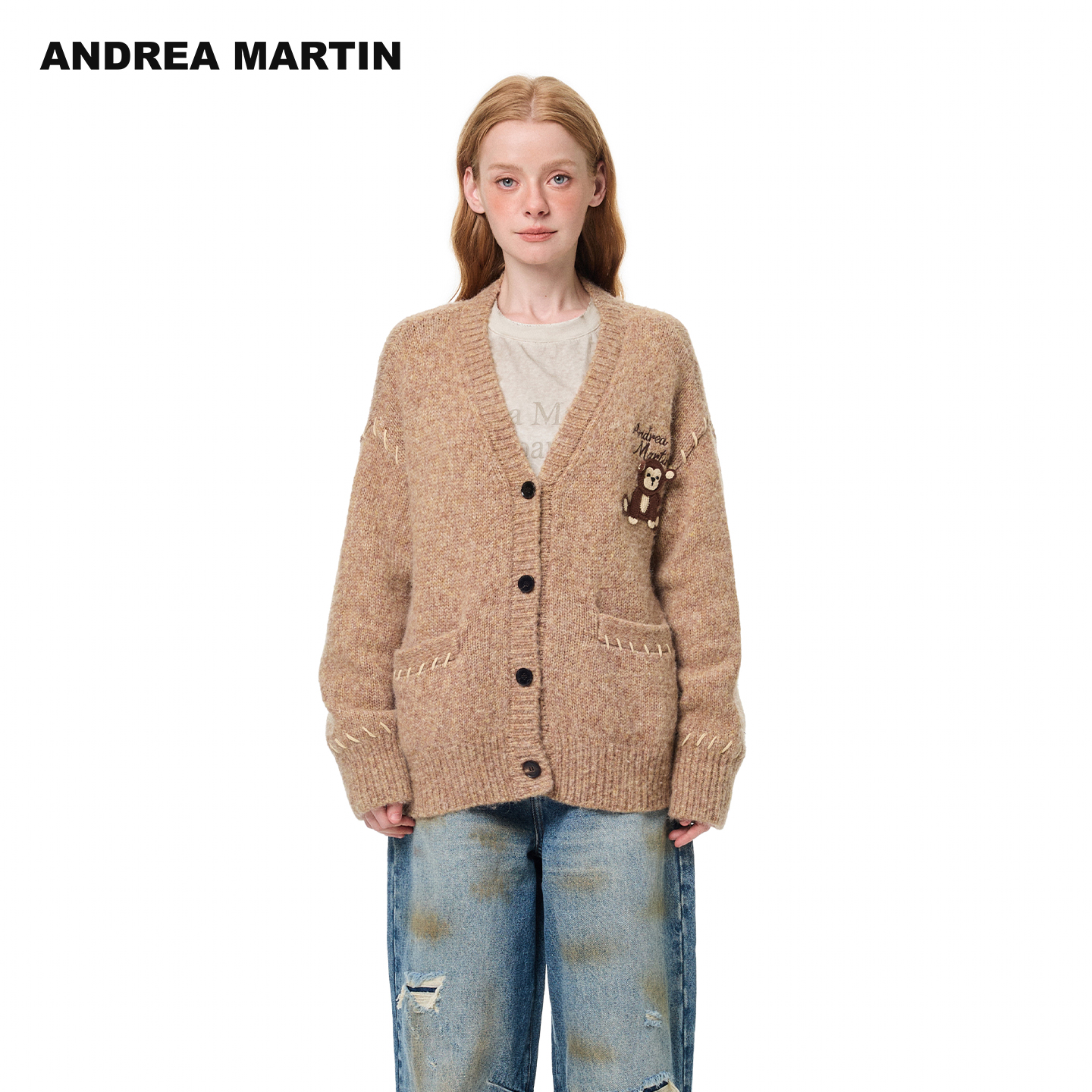 ANDREA MARTIN2025秋冬新款小猴子钩织V领毛衣外套宽松女针织开衫