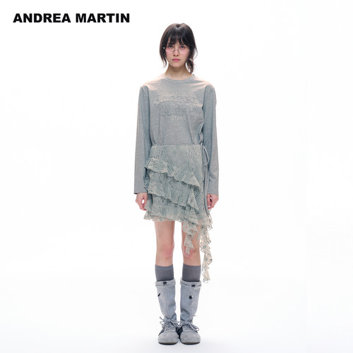ANDREA MARTIN2026秋新款灰色荷叶边女短宽松褶皱休闲长袖卫衣裙