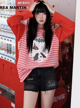 【希林娜依高&蒲熠星同款】ANDREA MARTIN 秋季款条纹蜡染印花T恤