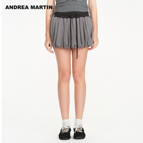 ANDREA MARTIN2026夏季新款灰色甜美拼接抽绳女休闲褶皱花苞短裙