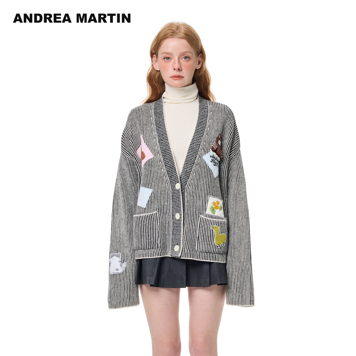 ANDREA MARTIN2025冬新款趣味贴布针织开衫女V领宽松毛衣休闲外套