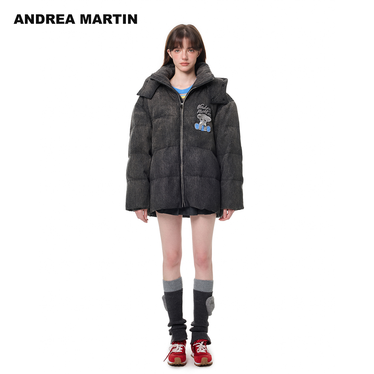 ANDREA MARTIN2025秋冬新款牛仔水洗连帽小象刺绣羽绒服保暖外套