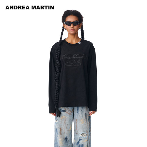 ANDREA MARTIN秋冬新品立体压花麂皮刺绣长袖T恤百搭男女同款