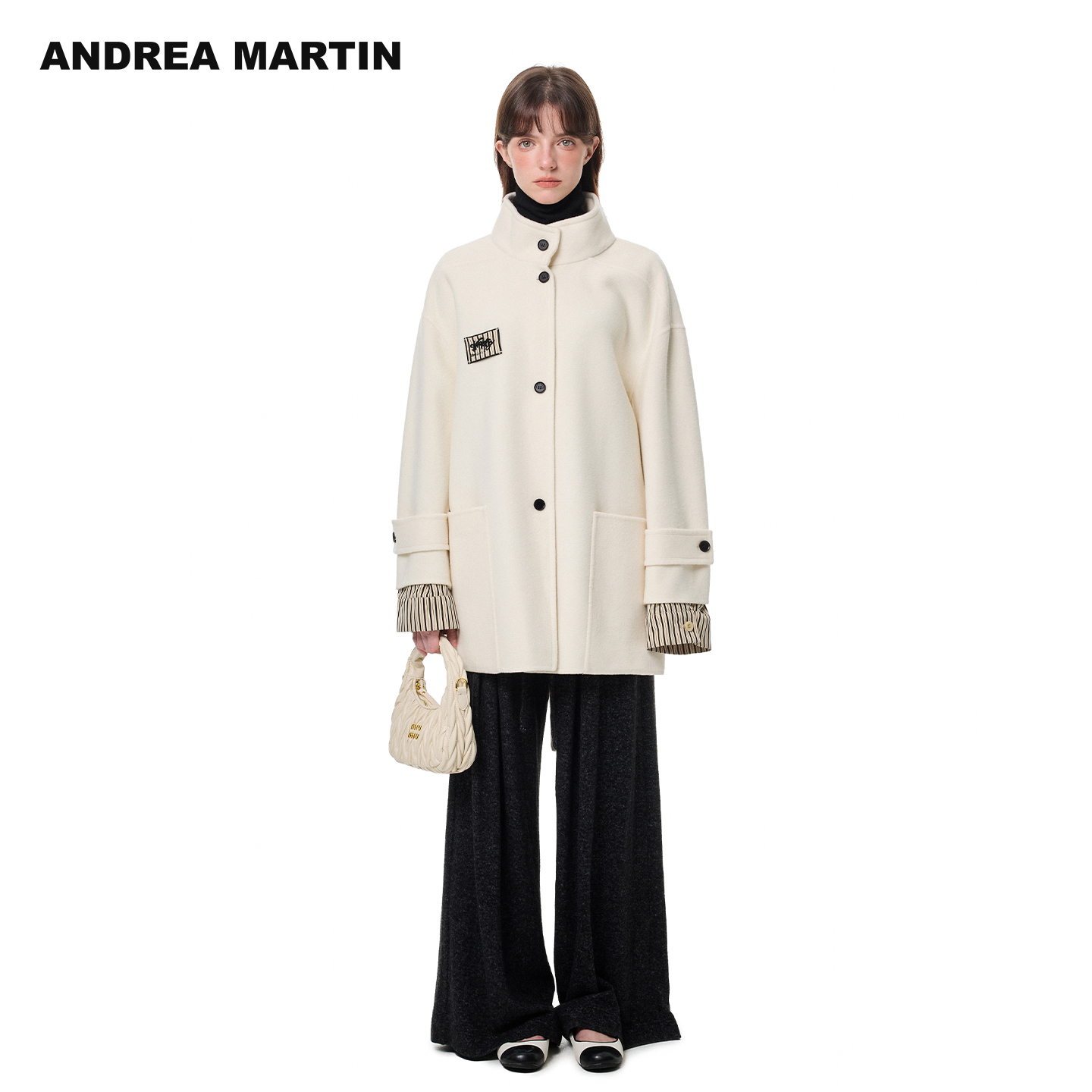 ANDREA MARTIN2025秋冬新款复古假两件拼接双面毛呢中长大衣外套