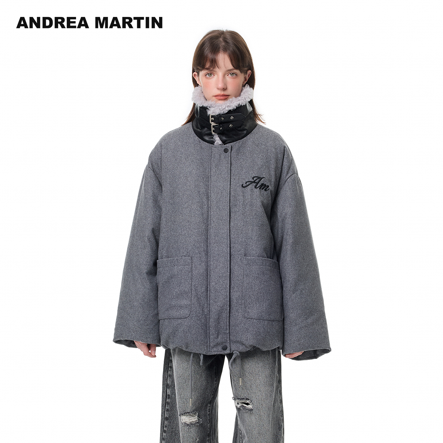 ANDREA MARTIN2025冬季新款毛领刺绣女宽松短保暖派克羽绒服外套