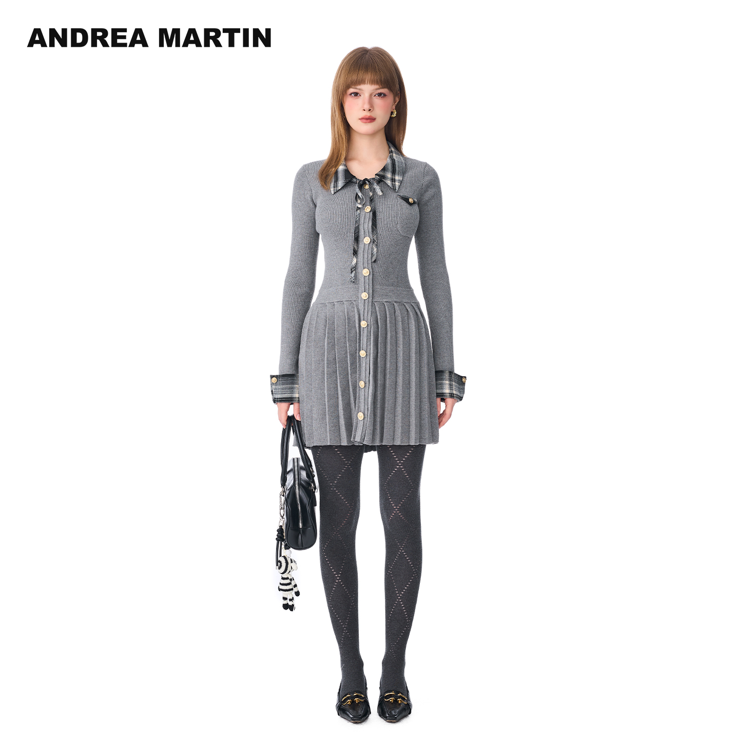 ANDREA MARTIN2025秋冬新款假两件拼接格纹针织连衣百褶裙女修身
