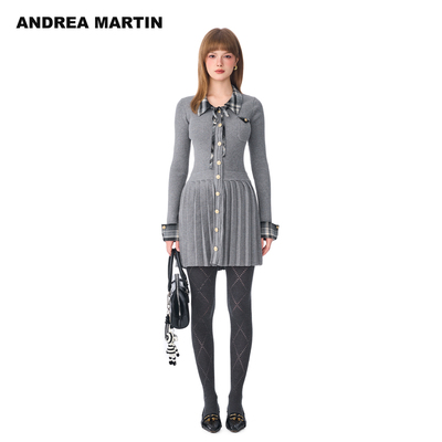 ANDREA MARTIN秋冬新款假两件拼接格纹针织连衣百褶裙女修身
