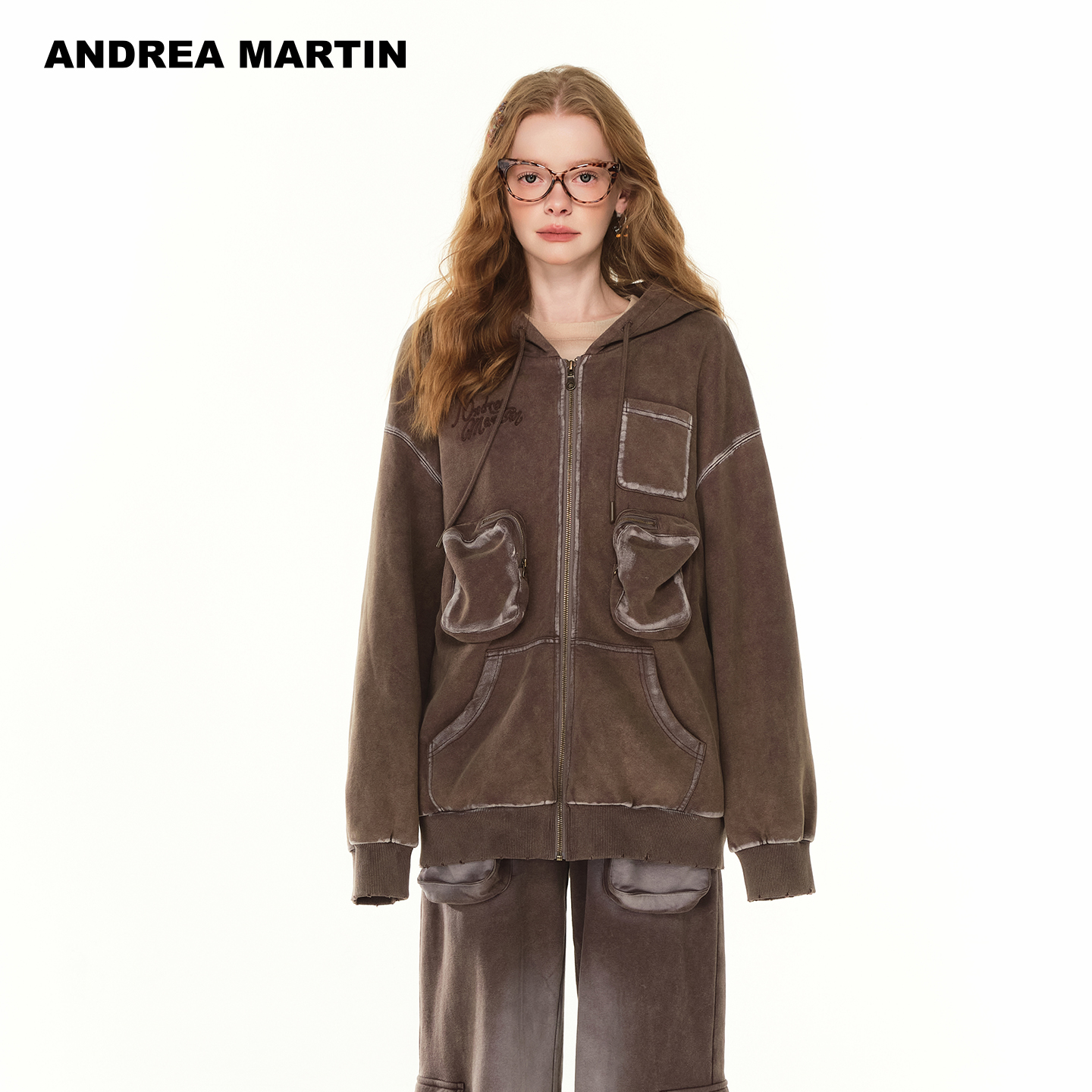 咖色水洗工装卫衣开衫