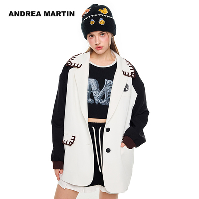 ANDREA MARTIN秋冬新款黑白撞色贡针宽松通勤西装外套