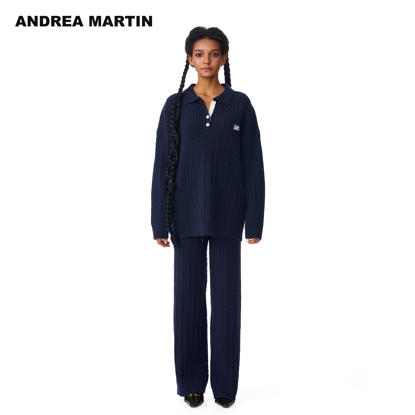 【展轩同款】ANDREA MARTIN 25秋冬新款麻花针织毛衣宽松长裤套装