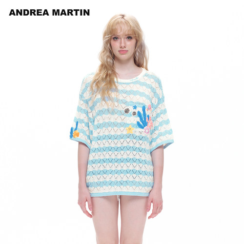ANDREA MARTIN2026夏新款镂空提花蓝白针织透气修身女休闲短袖T恤