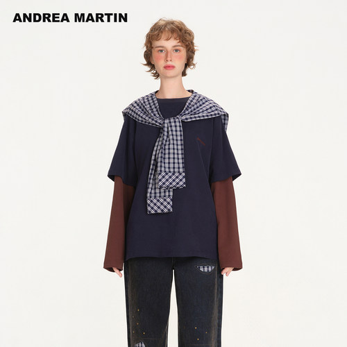【明星同款】ANDREA MARTIN2026秋新款拼接T恤长袖真两件宽松上衣