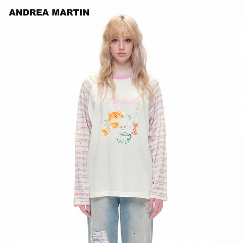 ANDREA MARTIN2026秋季新款粉白色字母小狗印花女宽松休闲长袖T恤