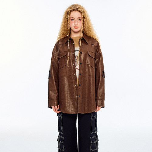 ANDREAMARTIN棕色字母刺绣皮衣