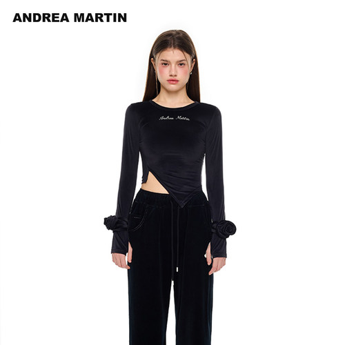 ANDREA MARTIN2026秋季新款丝绒玫瑰花开叉打底衫修身女短长袖T恤