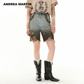 牛仔女复古破洞高腰显瘦直筒五分裤 新款 MARTIN秋季 ANDREA
