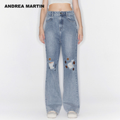 MARTIN秋季 破洞长裤 新款 女高腰显瘦宽松直筒裤 牛仔裤 ANDREA