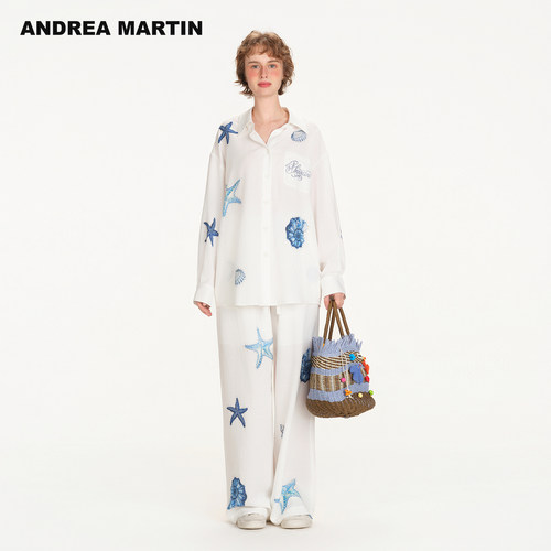 ANDREA MARTIN2026春夏新款烫钻海洋元素印花衬衫长裤休闲套装女
