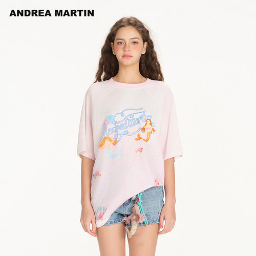 ANDREA MARTIN2026夏季新款趣味字母印花两面穿拼色宽松短袖T恤