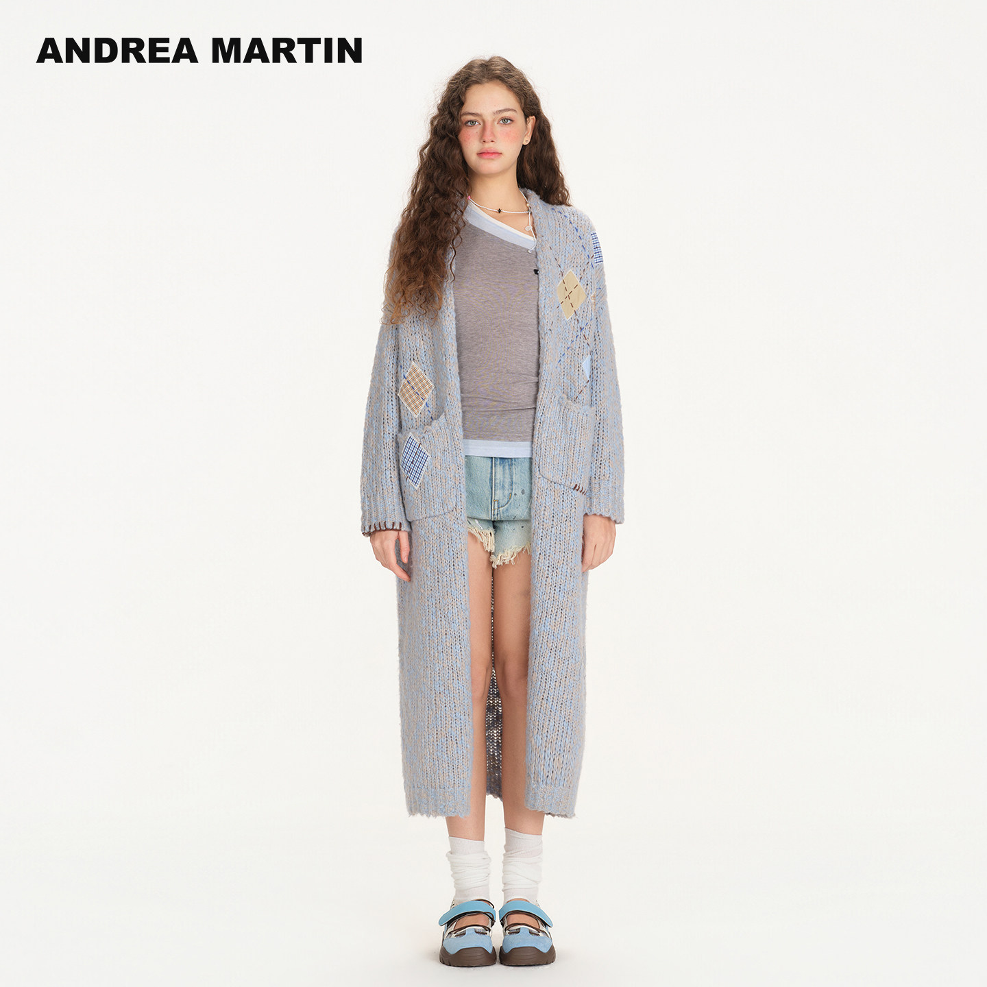 ANDREA MARTIN2026春季新款蓝色V领针织衫女开衫带口袋长款外套