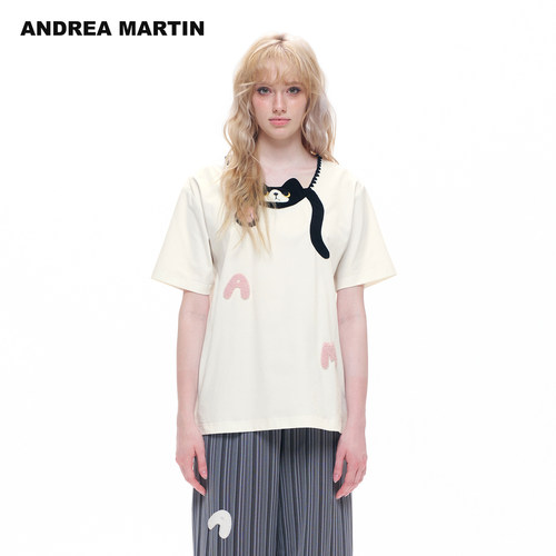 ANDREA MARTIN2026夏新款甜酷立体猫爪宽松落肩女宽松休闲短袖T恤