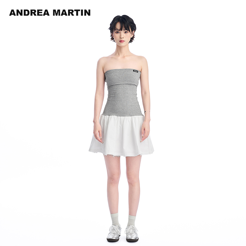 ANDREA MARTIN2025夏季新款针织抹胸连衣裙女拼接露肩薄款中裙