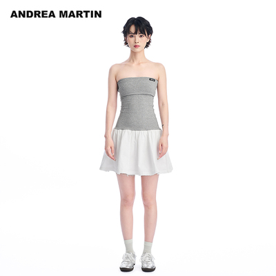 ANDREA MARTIN2025夏季新款针织抹胸连衣裙女拼接露肩薄款中裙