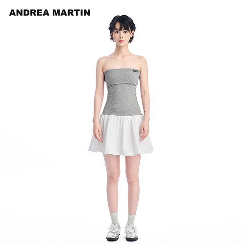 ANDREA MARTIN夏季新款针织抹胸连衣裙女拼接露肩薄款中裙