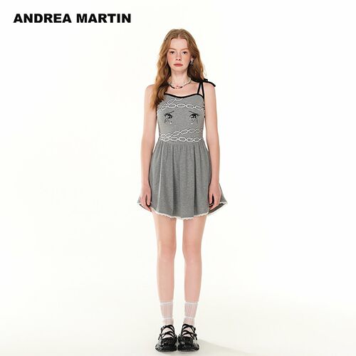 ANDREA MARTIN2026夏季新款连衣裙女漫画眼印花无袖吊带短裙灰色
