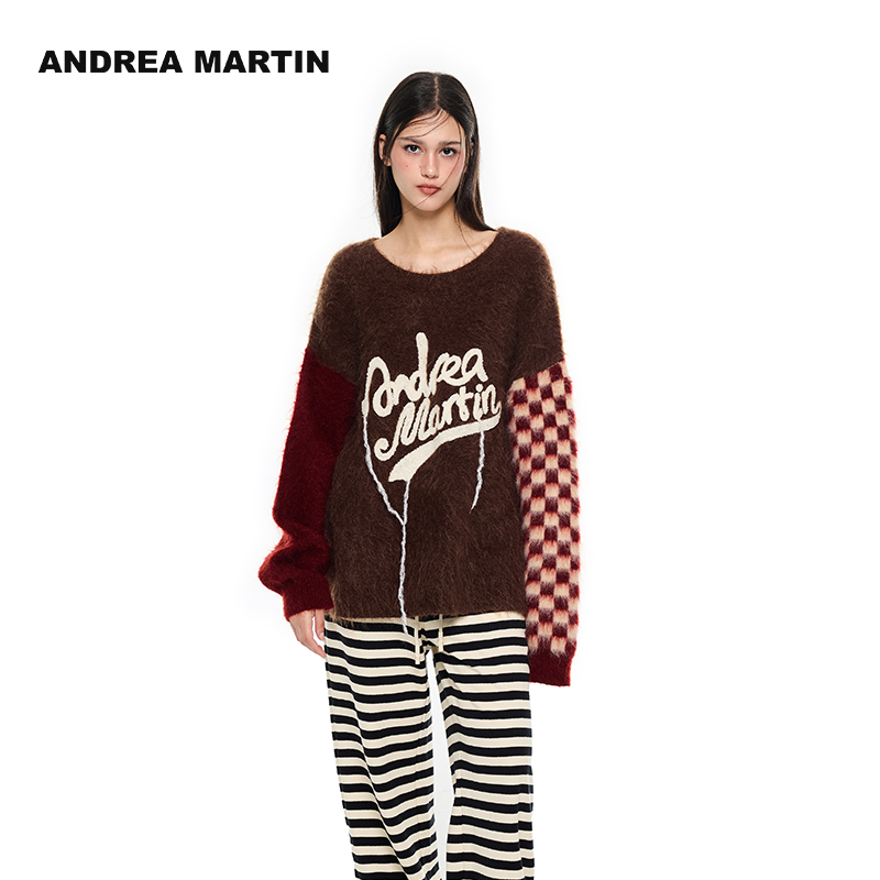 撞色棋盘格纹拼接毛衣