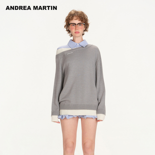 ANDREA MARTIN2026春季新款复古假两件拼接宽松休闲绵羊毛针织衫