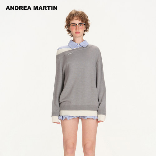 ANDREA MARTIN2026春季新款复古假两件拼接宽松休闲绵羊毛针织衫