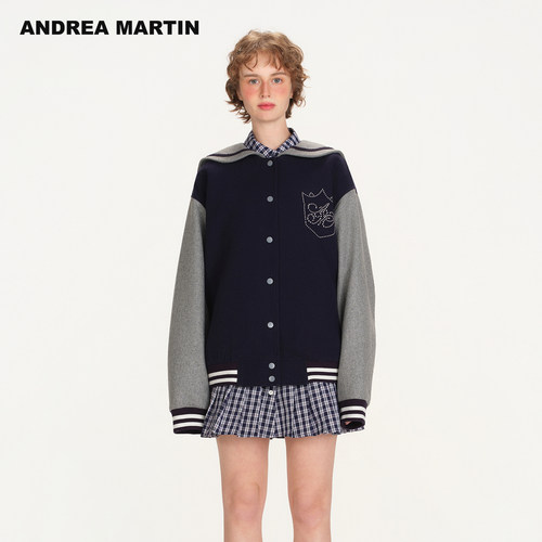 ANDREA MARTIN2026秋季新款学院风海军领撞色宽松休闲棒球服外套