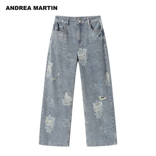 ANDREA MARTIN2026夏季新款甜酷风做旧满印破洞阔腿女休闲牛仔裤