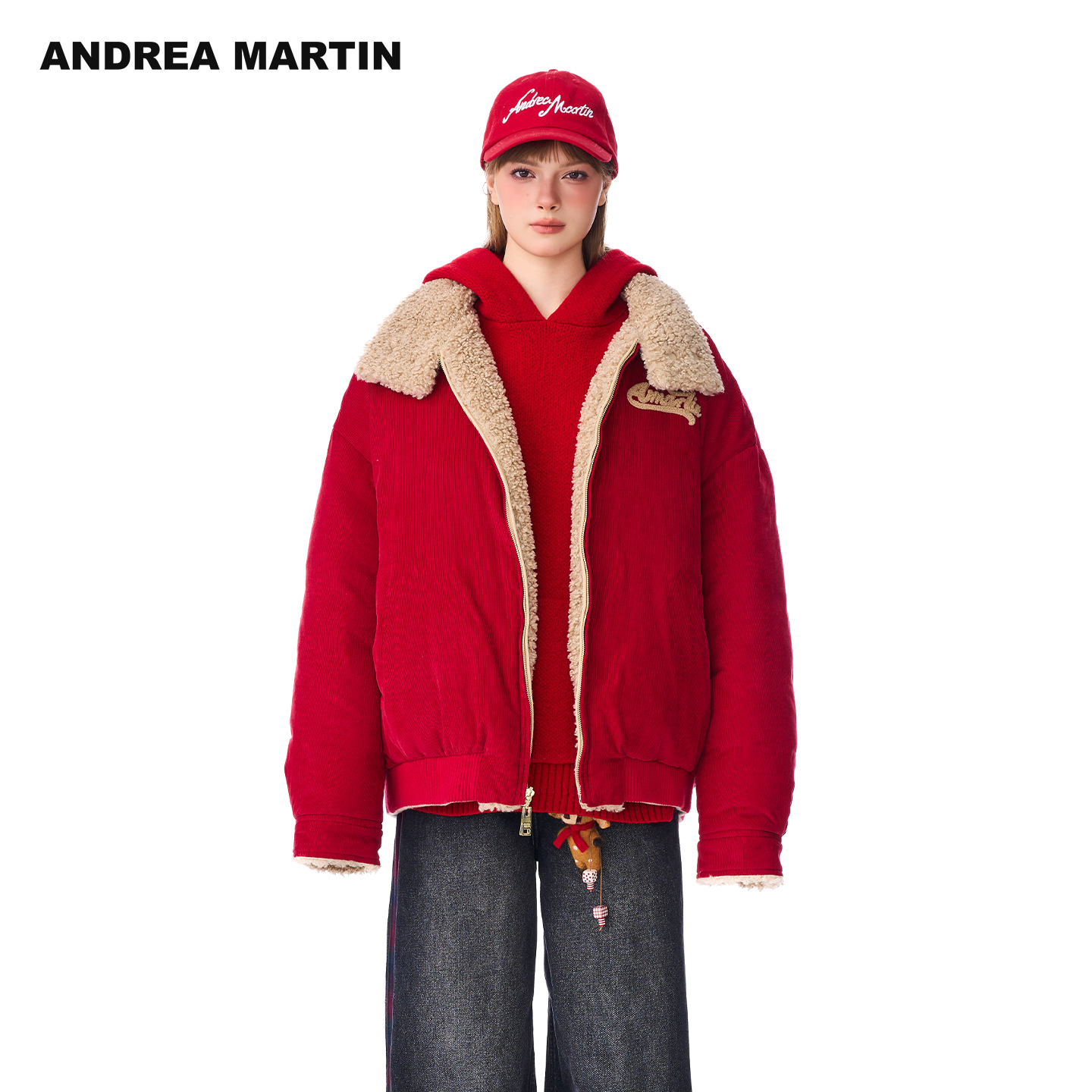 ANDREA MARTIN2025秋冬新款两面穿拼接刺绣羽绒服女宽松保暖外套