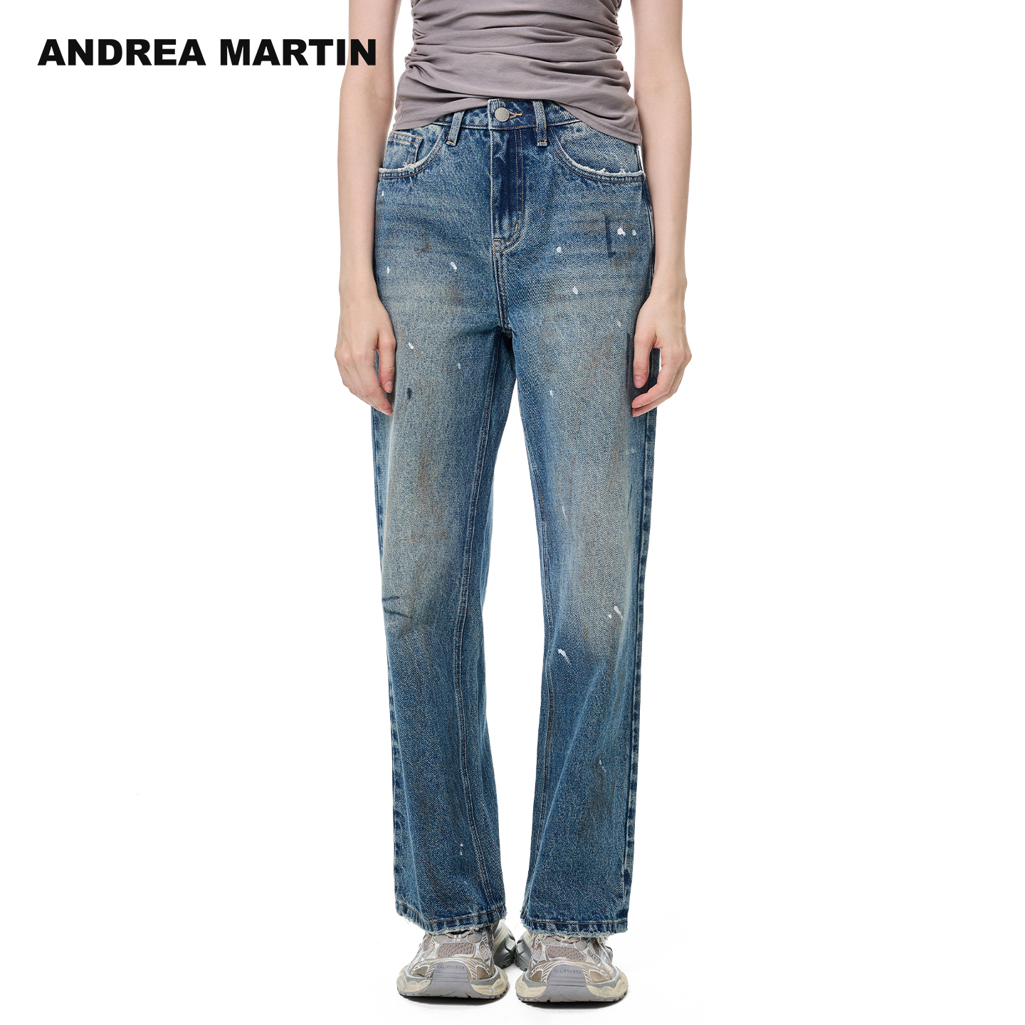 ANDREA MARTIN2025秋冬新品复古水洗做旧宽松直筒牛仔裤男女同款