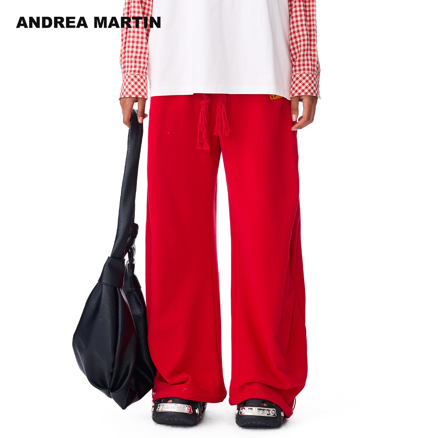 ANDREA MARTIN 冬季新款宽松休闲刺绣卫裤女红色抽绳阔腿长裤,女装/女士精品,卫裤,淘宝优惠券,粉丝福利购,淘宝优惠卷