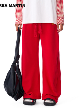 ANDREA MARTIN 冬季新款宽松休闲刺绣卫裤女红色抽绳阔腿长裤