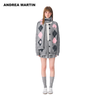 女宽松毛衣 学院风菱格纹围巾针织开衫 ANDREA MARTIN2025秋冬新款